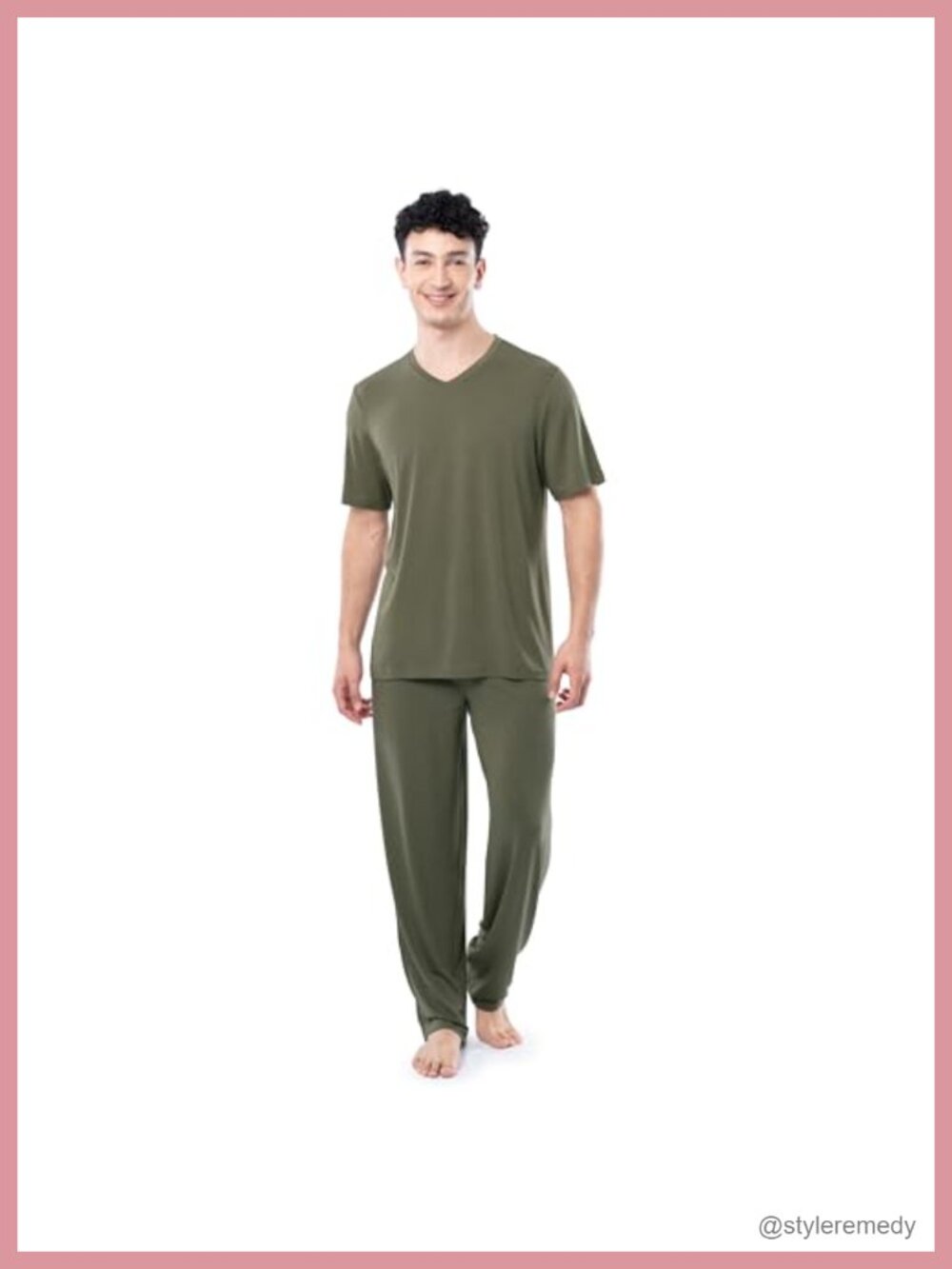 Men's 360 Stretch Short Sleeve V-Neck Top & Pant Sleep Pajama Set Relaxed Fit